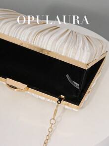 OpulAura 1 件复古优雅缎面宴会手拿包，褶皱设计时尚晚会钱包，迷人精致的正式场合手提包，高端盒形小包，适合派对/婚礼/正式晚宴，配有链条肩带，可单肩/斜挎 - 杏色 - 查看 6