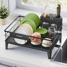 SONGMICS Abtropfgestell Geschirr, Geschirr-Abtropfständer, 360° drehbarer und ausziehbarer Ablauf, Abtropfschale, Besteckhalter, Küche, 31 x 42 x 18,5 cm, tintenschwarz - Tintenschwarz - Übersicht 1