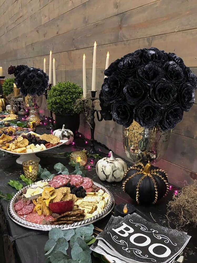 MEHELANY 20個入りボックス 人工ゴールドパウダーローズ 茎付き、ブラックグリッター装飾ローズ、DIY人工花、ハロウィンDIYリース工芸、ウェディングブーケ、ホームパーティーテーブルデコレーション、ホリデーパーティー、バレンタインデー、母の日、春のデコレーション、ホームデコレーション、誕生日プレゼント、ルームデコレーション、ガーデンアウトドアデコレーション、ゴシックウェディングデコレーション向け - ブラック - 見る 6