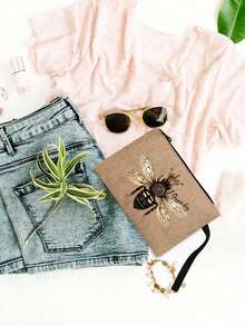 女士多功能皇冠蜜蜂王图案手提包套装，含化妆收纳袋、红色气垫指甲油收纳袋、零钱包，适合婚礼、生日、海滩和节日，亚麻手提包，教师节礼品袋 - 彩色 - 查看 7