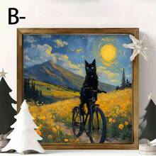 1 幅 2D 平面黑猫与水果碗壁画 - 复古木框油画，梵高风格星夜装饰，适合客厅、卧室、办公室 - 独特的家居礼物创意，桌面装饰，趣味设计，木框，2D 平面艺术品