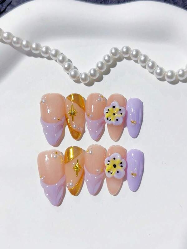 "10pcs Handmade French Style Press-On Nails With Floral Design And Pearl Accents - Perfect For Women And Girls For Everyday Wear And Parties, Includes Two Tools"