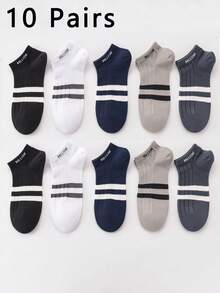 10 件/5 双男童青少年袜子，竖条纹和双条图案踝袜，适合休闲鞋，节日礼物 - 彩色 - 查看 9