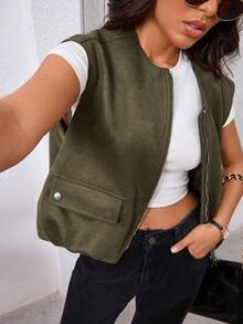 Seelio 春夏新款女士天鹅绒质感背心外套 - 軍綠色 - 查看 4