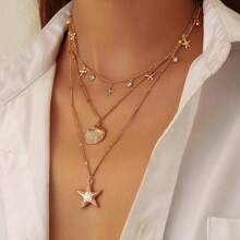 1 件时尚简约百搭金属和贝壳吊坠装饰，多层流苏水晶吊坠项链，女士珠宝配饰 - 彩色 - 查看 4