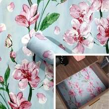 1 Roll Of Blue Flowers With Pink Color Blossom Self-Adhesive Vinyl Wallpaper 17.1inX39.3/118.1/196.8in Removable Yellow Floral Wallpaper For Easy DIY Home Decoration Suitable For Bedrooms Living Rooms Cabinets Tables And Furniture High Quality Vinyl Material With Flexible Patterns Matching Floral Wall Decoration Wall Paper Wall Stickers Room Decor Kitchen Living Room Decor - Blue - View 5