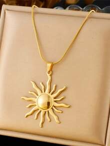 1 Stück Vintage Sonnen Totem Anhänger Halskette & Ohrringe für Frauen, Edelstahlkette Halskette für Alltag, Party, Schmuckgeschenke - Goldgelb - Übersicht 6