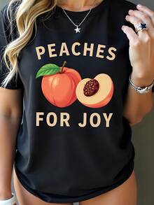 Camiseta Negra de Algodón 180g para Mujer "Peaches for Joy" con Cuello Redondo y Manga Corta, Estilo Casual, T-Shirt Estampada Divertida y Cómoda para el Verano, Moda Juvenil, Regalo Original Fashion. - Negro - Ver 1