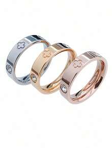 1pc Luxury Stainless Steel Lucky Clover Couple Ring, Sparkling Crystal Embellished, Fine Jewelry For Lovers Everyday Wear - Vàng - Xem 5