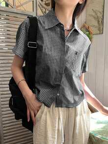 韩版格子短袖衬衫女夏季休闲宽松上衣韩版