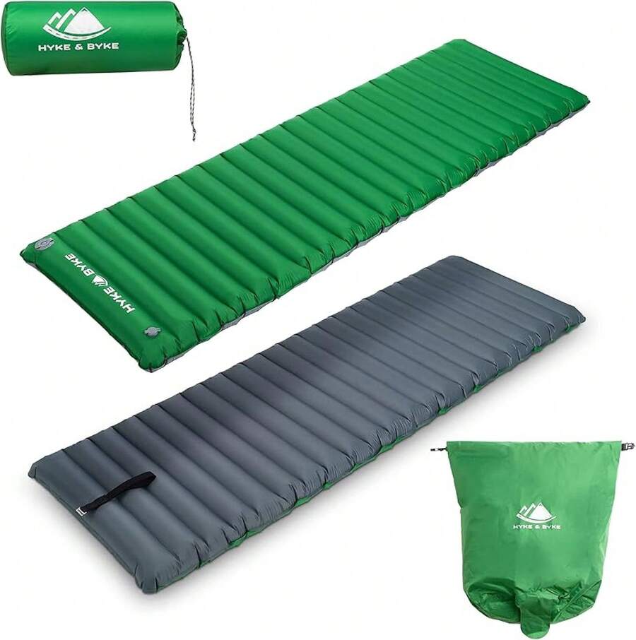 Hyke & Byke Appalachian Inflatable Sleeping Pad Camping And Backpacking - WR 70 D Ripstop Nylon Fabric - 76 X 24 In - Long - Gray Green - Long With Pump Sack - View 1