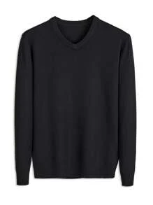 Men's Solid Color V-Neck Long Sleeve Sweater, Casual & Comfortable Base Layer Top, Spring/Autumn