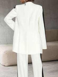 2 件套女士休闲商务宽松西装套装撞色西装外套和松紧腰直筒裤套装，夏季/春季，优雅风格，适合办公室女士，时尚非正式通勤 - 白色撞黑色 - 查看 5