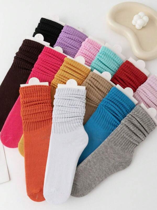 1/3/5/10/20 pares de calcetines tipo cuello de equipo de unicolor para mujer, para primavera y otoño, de estilo de celebridad de moda tipo tubo largo de color caramelo, adecuados para uso diario de estudiantes (sin incluir la tabla de calcetines)