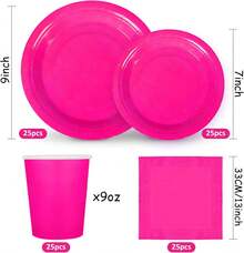 100Pcs Hot Pink Pa Rty Supplies Set Disposable Party Dinnerware Sets 50Pcs Paper Plates 25Pcs Napkin 25Pcs Cups For Wedding Birthday Party Supplies Table Decorations - 玫紅色 - 查看 5