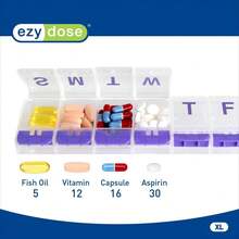 Organizador de pastillas semanal (7 días), planificador de medicamentos, caja organizadora de vitaminas, compartimentos extra grandes con botón, conveniente y fácil de usar, el color puede variar - Multicolor - Ver 5