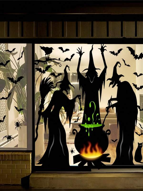 81 pezzi di adesivi decorativi per finestre, pareti e decorazioni per feste, per Ognissanti, con motivi di streghe, pipistrelli, orrori, fantasmi, ombre e ragni