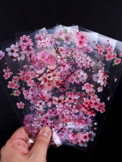 6 szt./opak. różowe dekoracyjne naklejki PET z serii Sakura do scrapbookingu i przyborów szkolnych