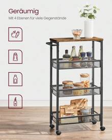 4-Tier Rolling Cart, Narrow Kitchen Cart, Niche Shelf On Wheels, Steel, Handle, For Small Spaces, 22 X 45.4 X 77 Cm, Kitchen, Bathroom, Living Room, Study, Vintage Brown-Black