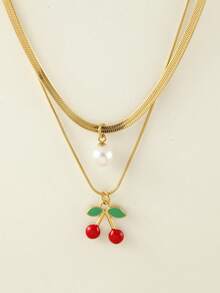 1 件不锈钢双层蛇骨项链，带树脂仿珍珠和水果吊饰（草莓、西瓜、樱桃），非常适合夏季郊游、海滩、情人节礼物和日常佩戴，适合所有场合