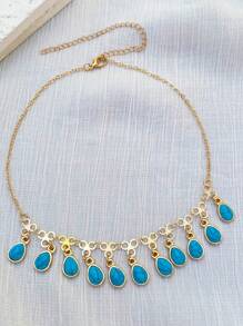 1 colar vintage estilo boêmio com pingentes múltiplos de turquesa azul, adequado para feriados, festas e presente de dia das mães