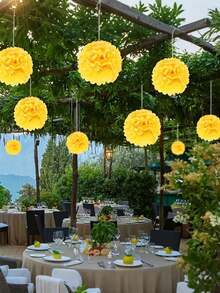 9pcs Yellow Paper Flower Balls, Creative Paper Flower Balls ,Paper Ball Hanging Paper Flower Balls,Tissue Flowers Ball Hanging Decoration, Paper Bubble Ball Hanging Paper Flower Ball Decorations, Wedding Party Celebration Event Decorations - Yellow - View 2