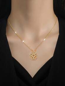 1pc Four-Leaf Flower Full Crystal Tassel Pendant Necklace, Stainless Steel Versatile Choker