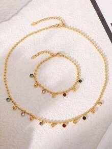 MiDuoDuo 2pcs/Set Luxurious Colorful Zirconia Tassel Necklace & Bracelet Stainless Steel Customized Accessories Gift For Women, Style - Colorful Necklaces & Bracelets - View 6