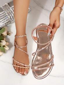 夏季新款露趾条纹交叉松紧带露趾平底凉鞋女欧美风 - 香檳色 - 查看 2