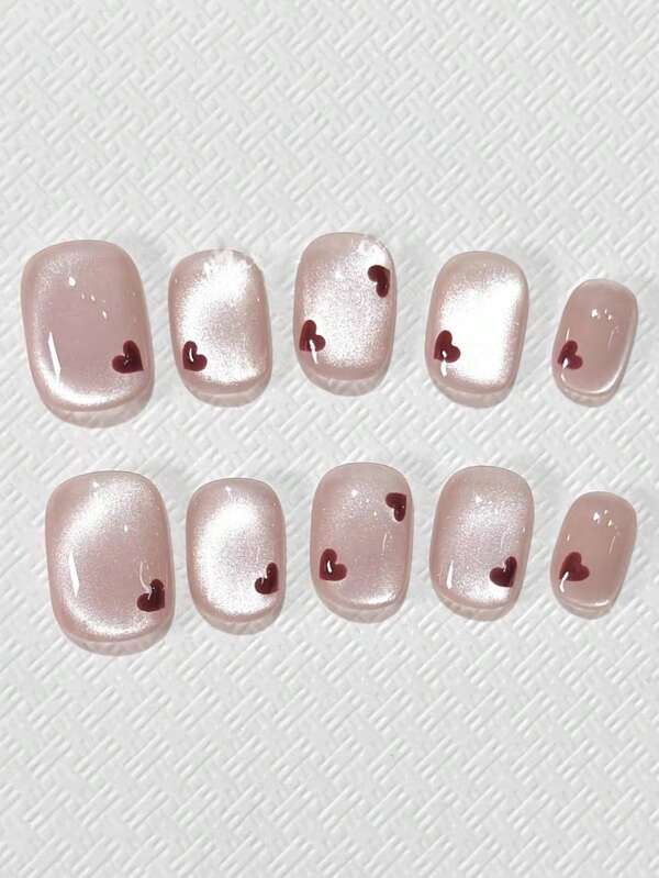 10pcs Heart-Shaped Cat Eye Lotus Purple Soft And Ethereal Brightening Premium Handmade Nail Tips