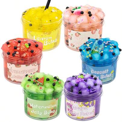 70/300ml Large Crispy Crystal Slime Set - Watermelon, Grape, Peach, Strawberry Bottled Pre-Made Slime Set, Non-Sticky Jelly Cube Slime, Party Favor, Birthday Gift