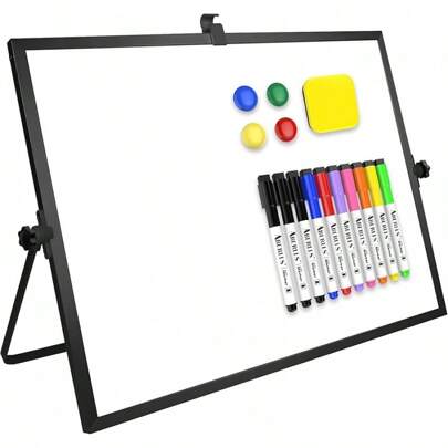 Dry Erase White Board, 16inX12in Large Magnetic Desktop Whiteboard With Stand, 10 Markers, 4 Magnets, 1 Eraser, Portable Double-Sided White Board Easel Memo To Do List Desk Office