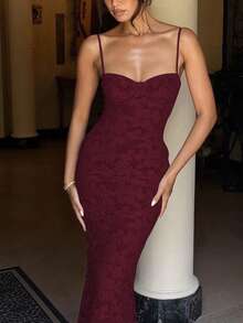 女士优雅性感蕾丝吊带修身长裙，适合度假、派对、晚宴、婚礼、春季等场合 - 酒紅色 - 查看 3
