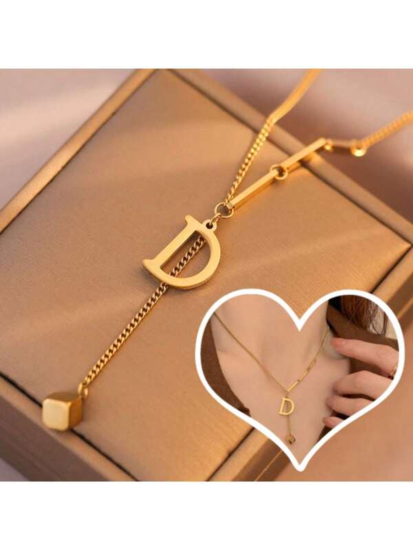 1 pieza Collar con letra de acero de titanio color oro, collar colgante con letra de la A a la Z, elegante y lindo colgante con borla y letra, combinación de nombre, apto para niñas/mujeres, joyería regalo para el Día de la Madre