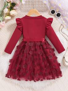 Kid Girl Fall Dress 3D Flower Round Neck Ruffle Long Sleeve Patchwork Tulle Dress With Belt - 紅色 - 查看 2