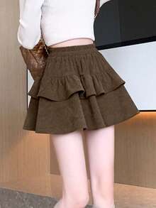 高腰蓬松迷你裙，显瘦A字百褶蛋糕裙，初秋时尚 - 咖啡色 - 查看 4