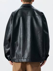 Plus Size PU Leather Jacket, Black Lapel Biker Leather Coat, Suitable For Autumn & Winter