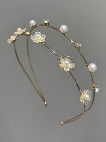 1pc Double-Layer Alloy Thin Hair Hoop With Faux Pearl Cap Flower Decor Sweet Hair Accessory For Women Tiaras , Hairband,Hairband,Hair Hoop Headbands