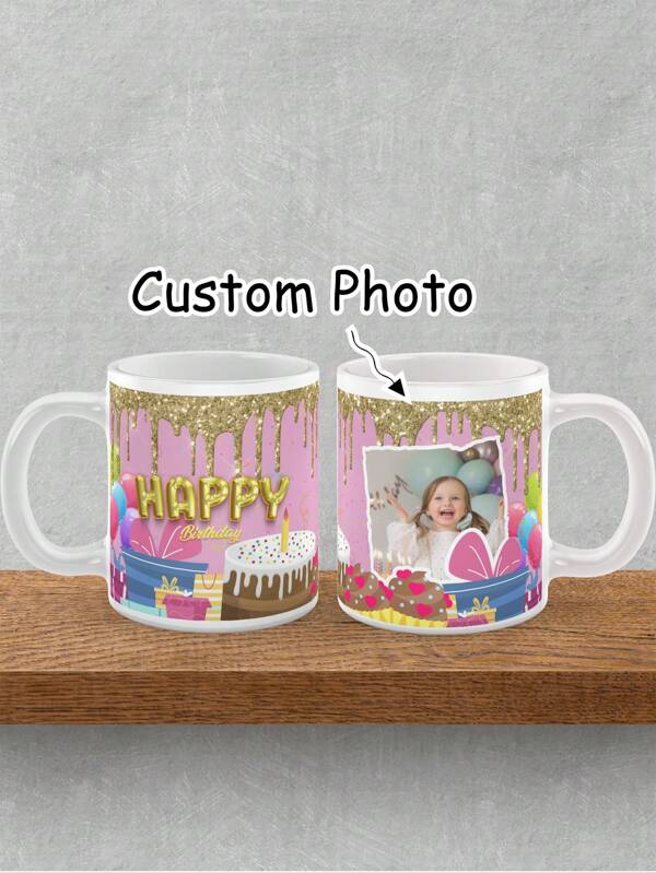 1pc 11oz Custom Happy Birthday Mug With Photo, Personalized Pink And Gold Glitter Drip Birthday Cake Coffee Cup, White Ceramic Mug With Balloons And Gifts, Custom Picture Mug For Birthday Gift, Kids Party Favors, Daughter Son Friend Mom Dad Birthday Present