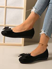 Teenage Girls' Cute Bow Flat Slip-On Loafers - Black - View 5