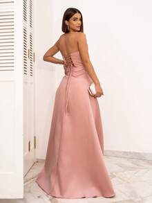 LONG WEDDING PARTY DRESS FOR GODMOTHER, STRAP-FIT, SATIN WITH SEQUINS - ROSE - View 2