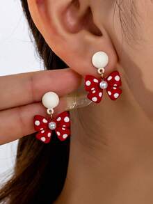 1 Pair Fashionable Red Polka Dot Multi-Color Bow Unique Design Earrings, Suitable For Commuting, Party, Jewelry - Multicolor - View 5