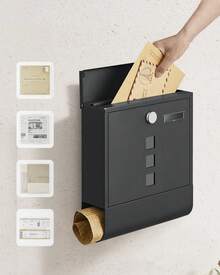 Boîte aux Lettres Murale, avec Serrure avec Couvercle Rotatif, Fenêtre de Visualisation, Porte-nom, Compartiment à Journaux, Montage Facile, 10 x 30,8 x 33,8 cm, Noir - Noir - Voir 4