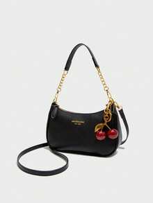 New Fashion Classic Versatile PU Waterproof Fabric M Letter Pattern Shoulder Bag, Printed Design Metal Chain Decoration Design French Baguette Bag, Women's Shoulder Bag Suitable For Shopping. Commuting, Travel Use. - 黑色 - 查看 3