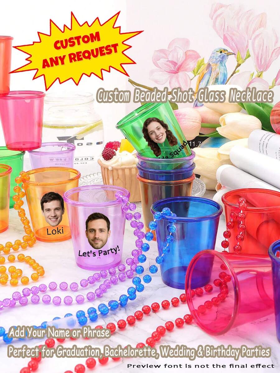Reusable Custom Shot Glass Necklace – Clear Mini Party Cup, Personalized Beaded Shot Cup, Custom Text Shot Cup, Easy To Clean Shot Necklace, Non-Disposable Shot Glass, Graduation Party Favor, Wedding Shot Cup Gift, Bachelorette Party Cup, Birthday Favor Necklace Easy-To-Clean Graduation Favor, Colorful Party Accessory For Bachelorette, Wedding, Or Birthday - 多色 - 查看 1
