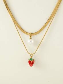 1 件不锈钢双层蛇骨项链，带树脂仿珍珠和水果吊饰（草莓、西瓜、樱桃），非常适合夏季郊游、海滩、情人节礼物和日常佩戴，适合所有场合