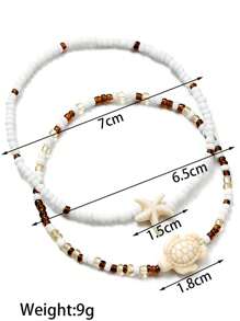 2pcs Boho Style Starfish & Turtle Beaded Anklet, Suitable For Daily Wear And Beach Vacation