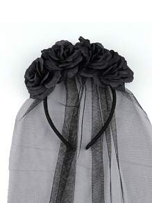 Halloween Netted Devil Headband, Black Horned Headband, Realistic Flower Netted Headband, Halloween Party Costume Headgear