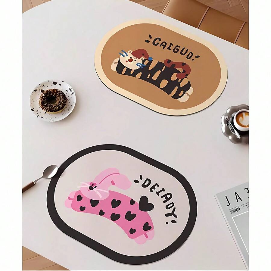 Oval Dopamine Cartoon PU Waterproof Anti-Oil Placemat, Heat-Resistant Trivet Mat For Table, Plate And Cup, Kitchen Decor - Multicolor - View 1