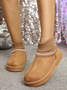 Bottes de cheville brunes en peluche, talon épais et Épais avec design en fourrure dégradé, bottes de neige chaudes et antidérapantes pour l'hiver, avec rehausseur de taille